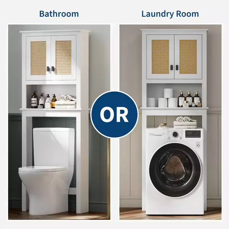 Meuble de rangement 63 au-dessus des toilettes, organisateur de salle de bain de style ferme au-dessus des toilettes avec portes en rotin, meuble de rangement autoportant en bois au-dessus des toilettes, blanc