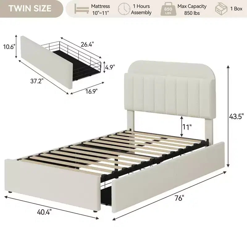 Cadre de lit Coolmee une ou deux places/Queen avec tête de lit de rangement, cadre de lit pour filles avec 2 tiroirs, lit plateforme rembourré en tissu bouclette avec bibliothèque
