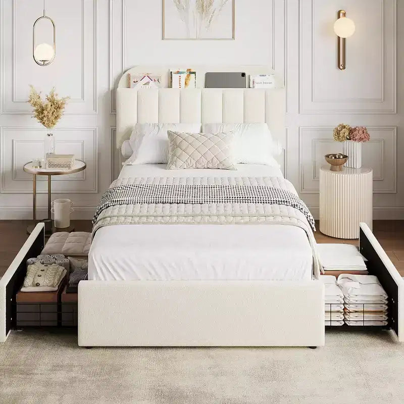 Cadre de lit Coolmee une ou deux places/Queen avec tête de lit de rangement, cadre de lit pour filles avec 2 tiroirs, lit plateforme rembourré en tissu bouclette avec bibliothèque