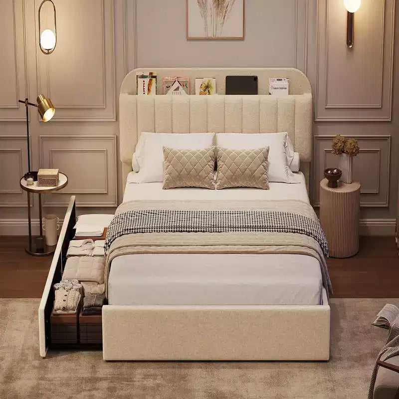 Cadre de lit Coolmee une ou deux places/Queen avec tête de lit de rangement, cadre de lit pour filles avec 2 tiroirs, lit plateforme rembourré en tissu bouclette avec bibliothèque