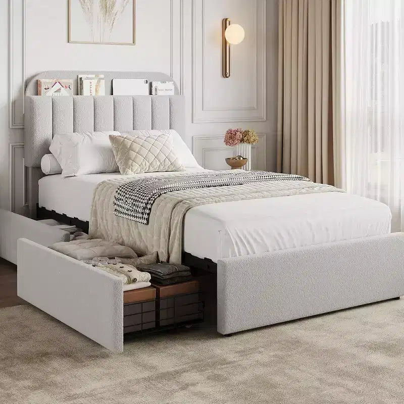 Cadre de lit Coolmee une ou deux places/Queen avec tête de lit de rangement, cadre de lit pour filles avec 2 tiroirs, lit plateforme rembourré en tissu bouclette avec bibliothèque