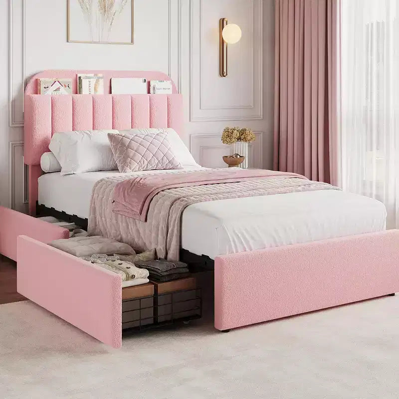 Cadre de lit Coolmee une ou deux places/Queen avec tête de lit de rangement, cadre de lit pour filles avec 2 tiroirs, lit plateforme rembourré en tissu bouclette avec bibliothèque