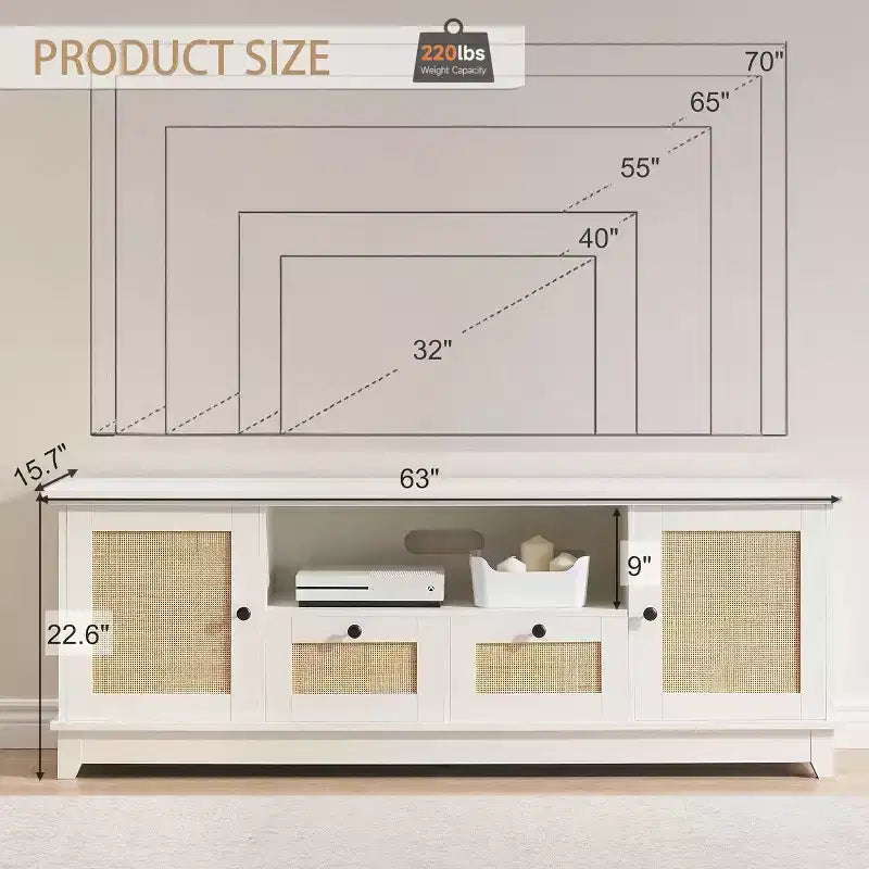 Meuble TV en rotin pour téléviseur 70 pouces, console TV avec 2 armoires et étagère réglable, meuble TV moderne avec rangement, meuble console média