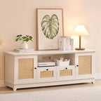 Meuble TV en rotin pour téléviseur 70 pouces, console TV avec 2 armoires et étagère réglable, meuble TV moderne avec rangement, meuble console média