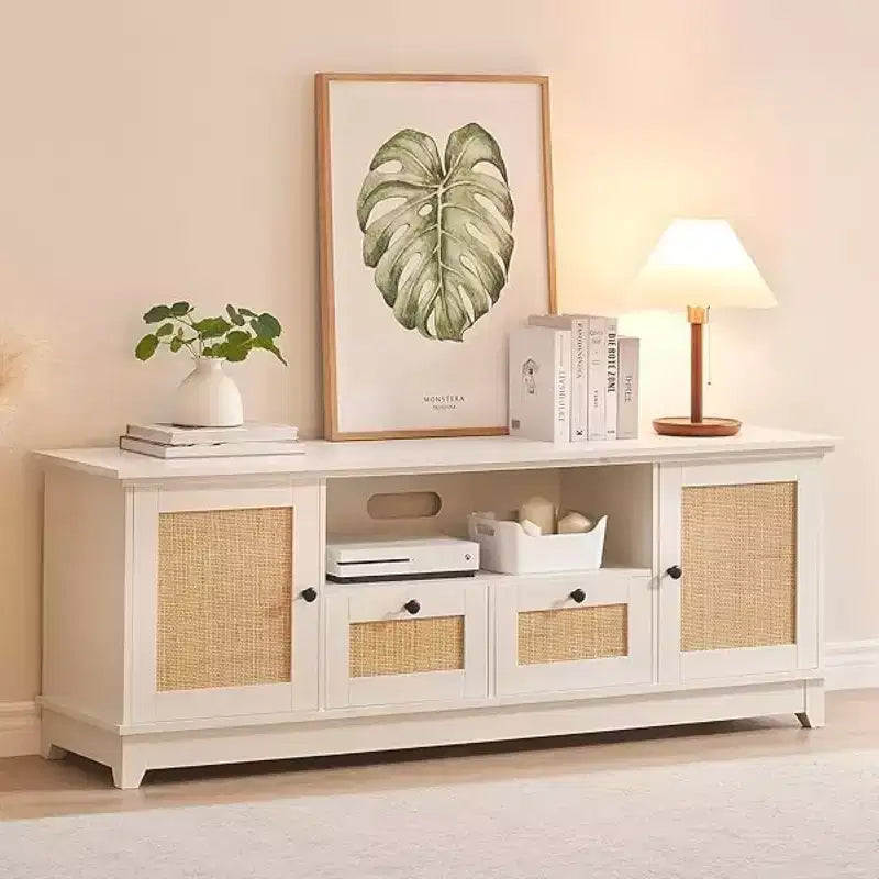 Meuble TV en rotin pour téléviseur 70 pouces, console TV avec 2 armoires et étagère réglable, meuble TV moderne avec rangement, meuble console média