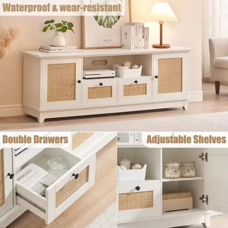 Meuble TV en rotin pour téléviseur 70 pouces, console TV avec 2 armoires et étagère réglable, meuble TV moderne avec rangement, meuble console média
