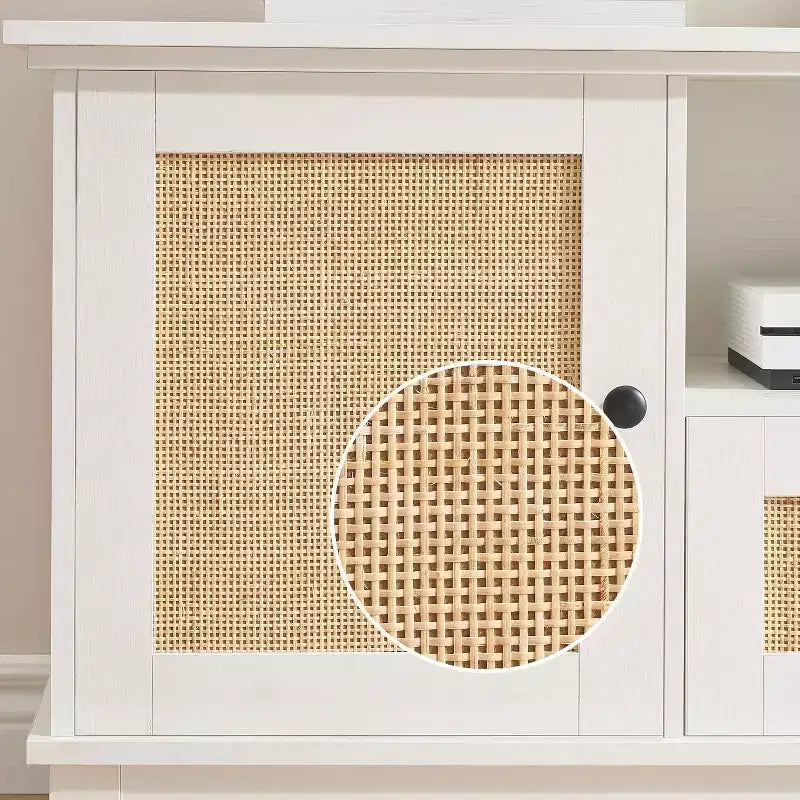 Meuble TV en rotin pour téléviseur 70 pouces, console TV avec 2 armoires et étagère réglable, meuble TV moderne avec rangement, meuble console média