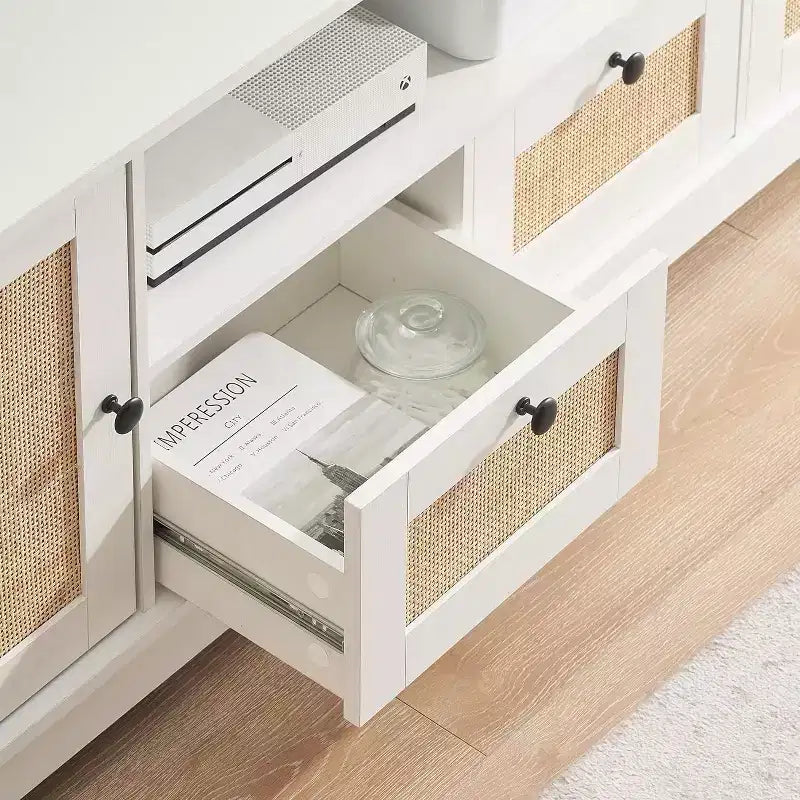 Meuble TV en rotin pour téléviseur 70 pouces, console TV avec 2 armoires et étagère réglable, meuble TV moderne avec rangement, meuble console média