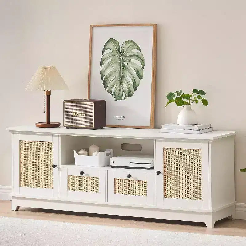 Meuble TV en rotin pour téléviseur 70 pouces, console TV avec 2 armoires et étagère réglable, meuble TV moderne avec rangement, meuble console média