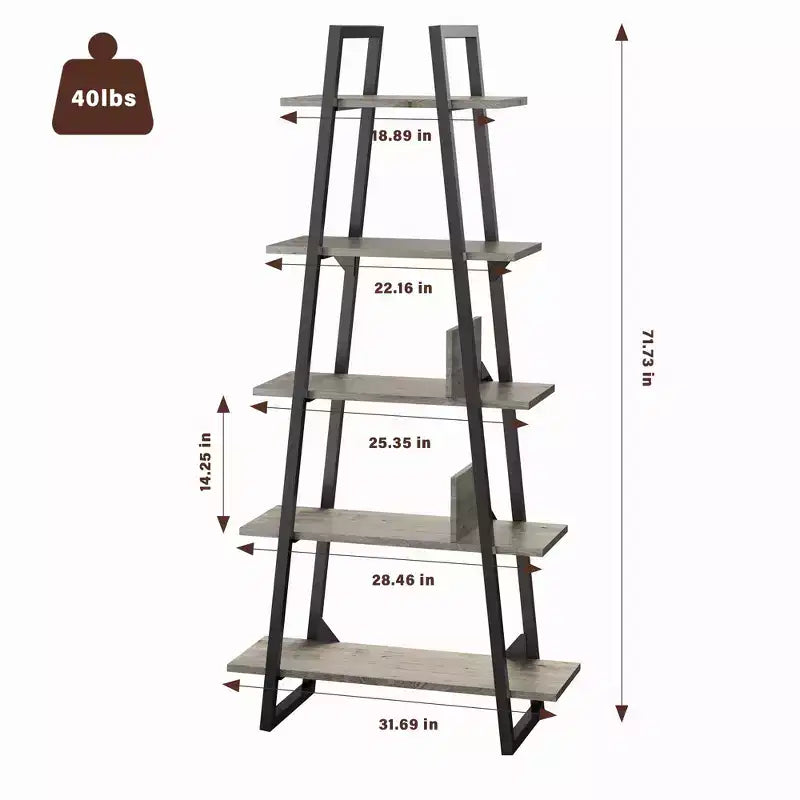 Étagère en métal 72", 5 niveaux, étagère échelle ouverte avec étagères réglables, bibliothèque industrielle pour le rangement à domicile, salon, chambre, bureau