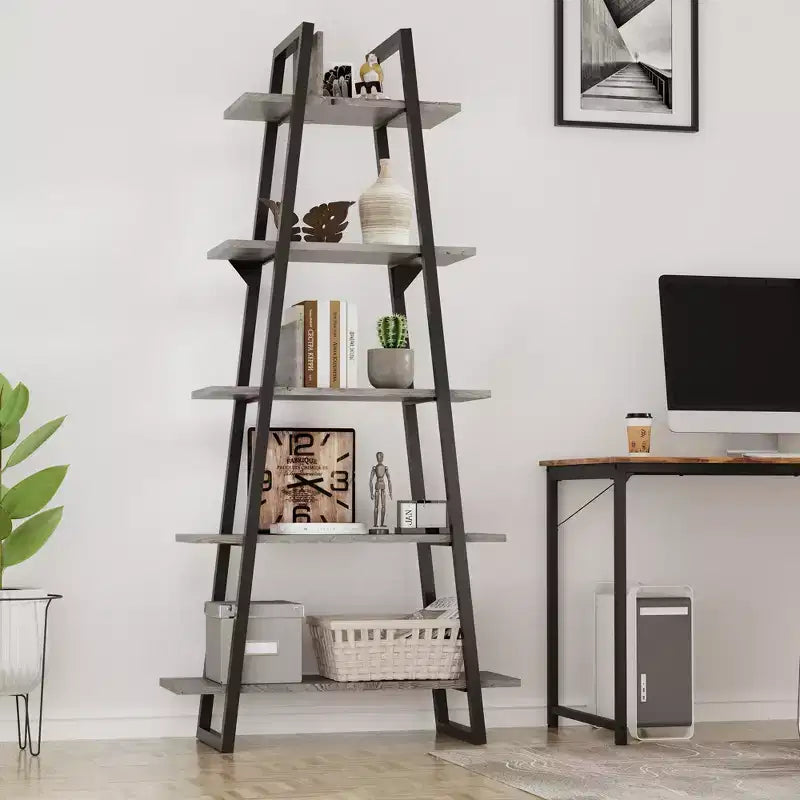 Étagère en métal 72", 5 niveaux, étagère échelle ouverte avec étagères réglables, bibliothèque industrielle pour le rangement à domicile, salon, chambre, bureau