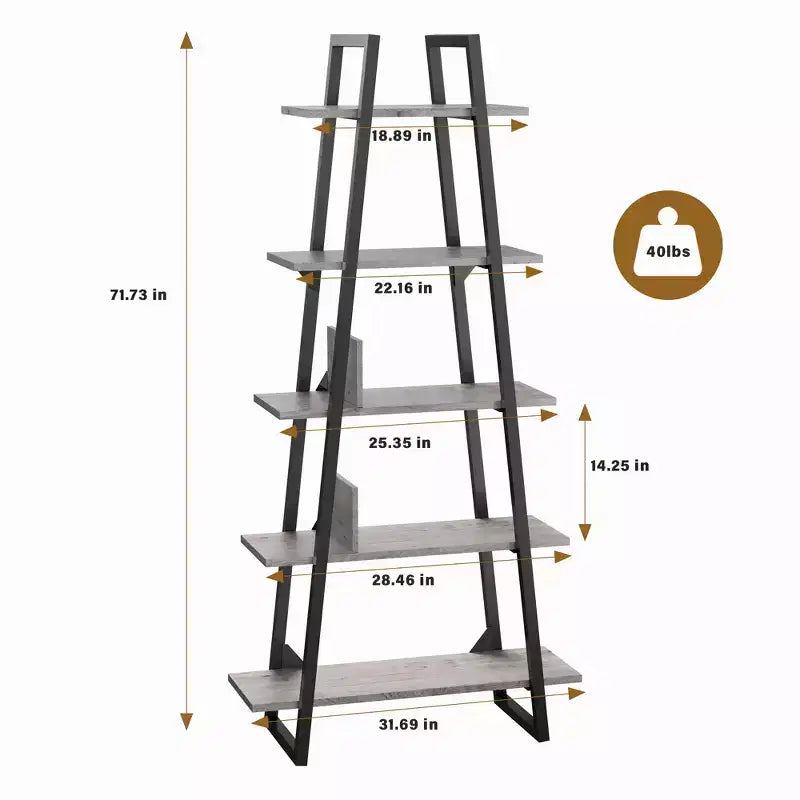 Étagère en métal 72", 5 niveaux, étagère échelle ouverte avec étagères réglables, bibliothèque industrielle pour le rangement à domicile, salon, chambre, bureau