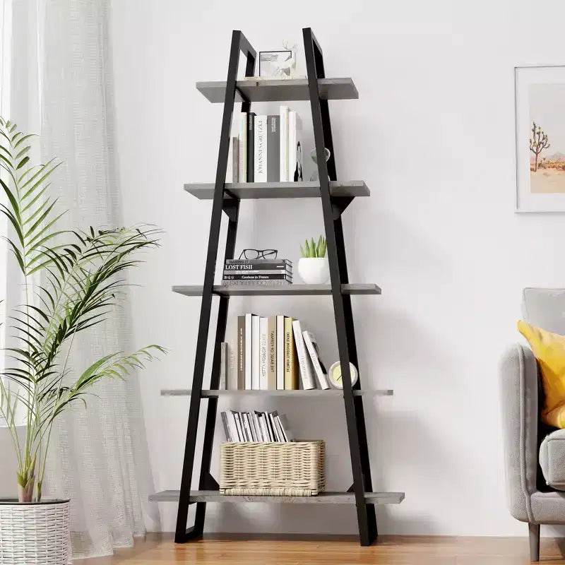 72 Metal Frame Bookshelf, 5-Tier Open Ladder Shelf with Adjustable Shelves, Industrial Bookcase for Home Living Room Bedroom Office Storage