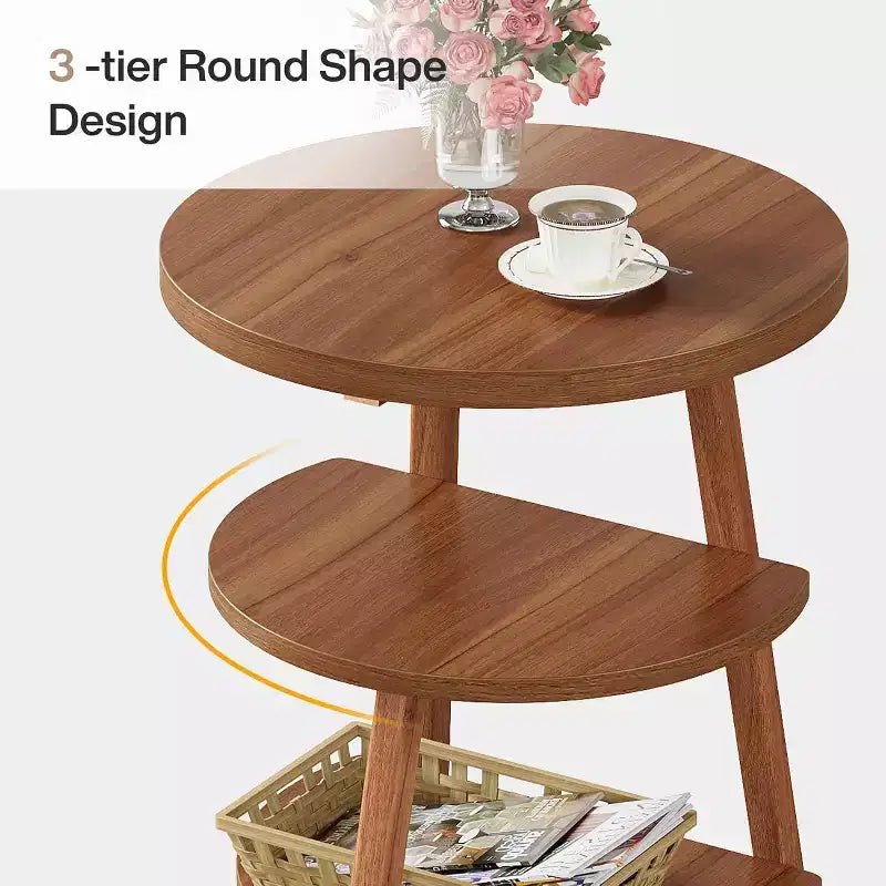 Tribesigns Table d'appoint ronde à 3 niveaux, Table d'appoint de 50 cm de large, Petite table de chevet ronde pour salon, chambre et côté de canapé, Marron