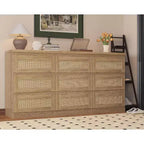 Commode à 9 tiroirs pour chambre à coucher, commodes de 160 cm de long et commode en rotin, style bohème, commode moderne pour salon, entrée, chambre à coucher