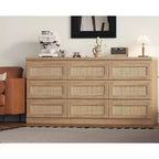 Commode à 9 tiroirs pour chambre à coucher, commodes de 160 cm de long et commode en rotin, style bohème, commode moderne pour salon, entrée, chambre à coucher
