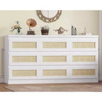 Commode à 9 tiroirs pour chambre à coucher, commodes de 160 cm de long et commode en rotin, style bohème, commode moderne pour salon, entrée, chambre à coucher