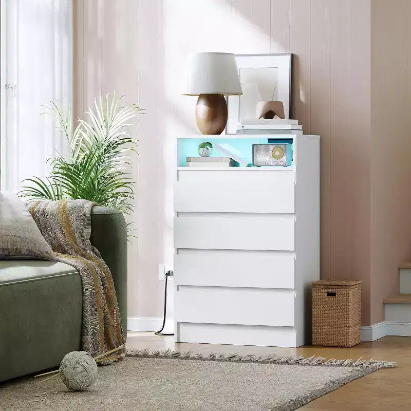 Acekool 4 Drawer Storage Cabinet with LED Light and Charging Station, White Modern Dresser, Utility Storage Cabinet for Bedroom and Living Room