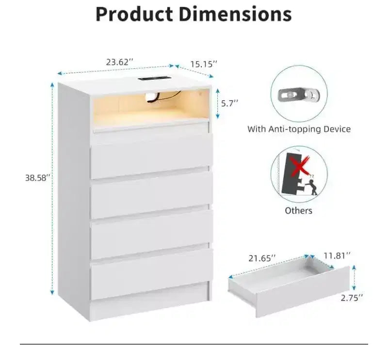 Meuble de rangement Acekool à 4 tiroirs avec éclairage LED et station de recharge, commode moderne blanche, armoire de rangement utilitaire pour chambre et salon