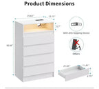 Meuble de rangement Acekool à 4 tiroirs avec éclairage LED et station de recharge, commode moderne blanche, armoire de rangement utilitaire pour chambre et salon