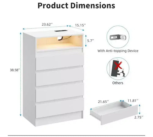 Meuble de rangement Acekool à 4 tiroirs avec éclairage LED et station de recharge, commode moderne blanche, armoire de rangement utilitaire pour chambre et salon