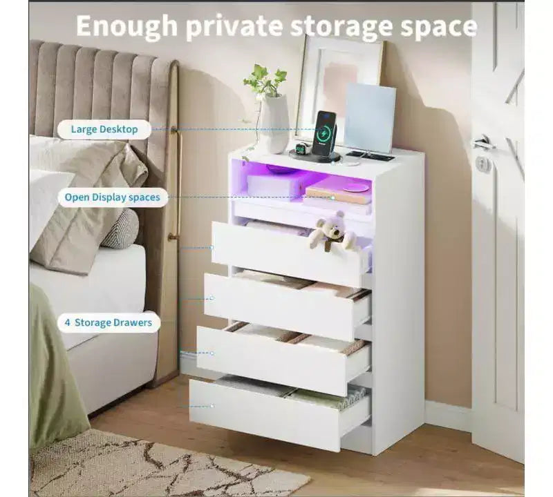 Meuble de rangement Acekool à 4 tiroirs avec éclairage LED et station de recharge, commode moderne blanche, armoire de rangement utilitaire pour chambre et salon