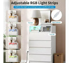 Meuble de rangement Acekool à 4 tiroirs avec éclairage LED et station de recharge, commode moderne blanche, armoire de rangement utilitaire pour chambre et salon