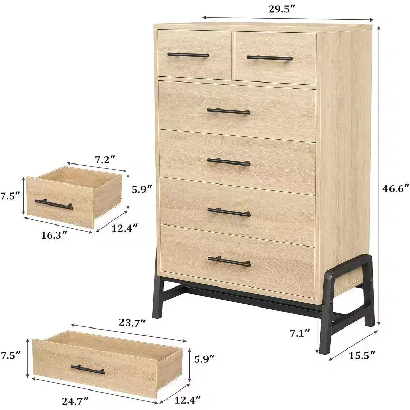 Commode Acekool 46,6 pouces de haut, 4+2 tiroirs – Rangement compatible avec les robots aspirateurs, finition Chêne Naturel pour Chambre et Entrée