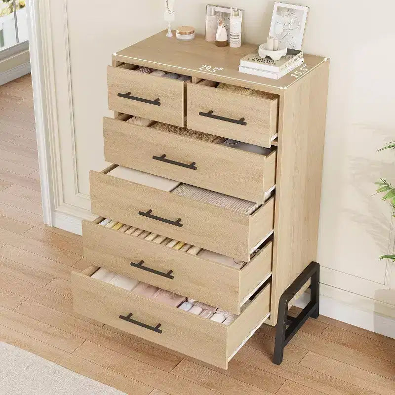 Commode Acekool 46,6 pouces de haut, 4+2 tiroirs – Rangement compatible avec les robots aspirateurs, finition Chêne Naturel pour Chambre et Entrée