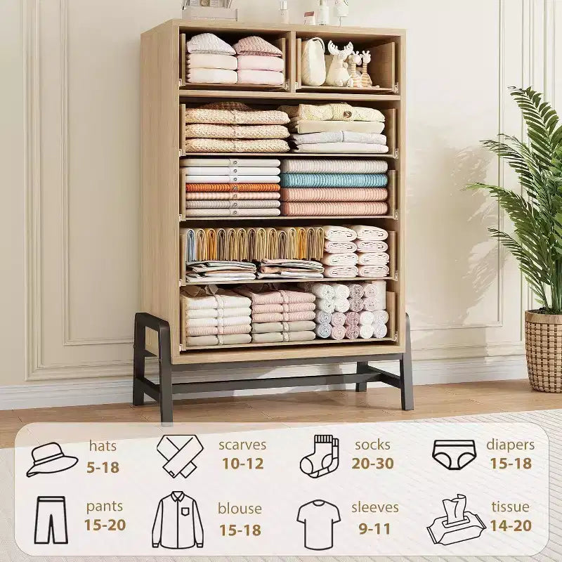 Commode Acekool 46,6 pouces de haut, 4+2 tiroirs – Rangement compatible avec les robots aspirateurs, finition Chêne Naturel pour Chambre et Entrée