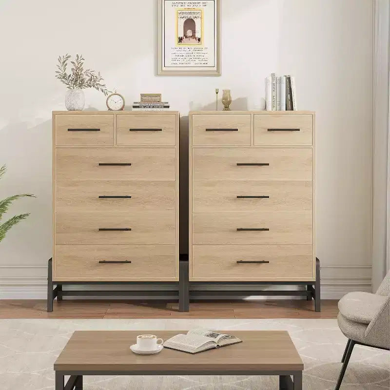 Commode Acekool 46,6 pouces de haut, 4+2 tiroirs – Rangement compatible avec les robots aspirateurs, finition Chêne Naturel pour Chambre et Entrée