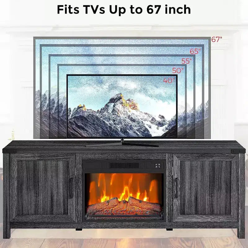 Meuble TV 67 po avec centre de divertissement – Convient aux téléviseurs jusqu'à 65 po, meuble de rangement à 2 portes avec cheminée électrique 23 po avec chauffage et télécommande, gris foncé