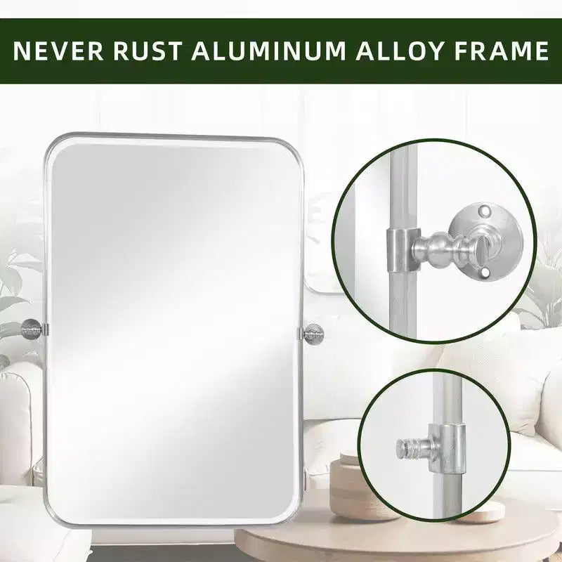 PexFix 36 x 24 Miroir mural pivotant rectangulaire en fer argenté, miroir de salle de bain inclinable, cadre métallique, miroir bidirectionnel réglable pour chambre et salon