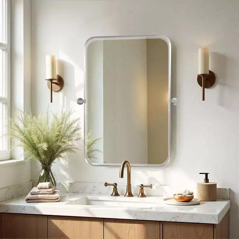 PexFix 36 x 24 Miroir mural pivotant rectangulaire en fer argenté, miroir de salle de bain inclinable, cadre métallique, miroir bidirectionnel réglable pour chambre et salon