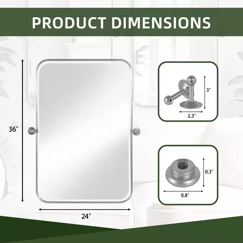 PexFix 36 x 24 Miroir mural pivotant rectangulaire en fer argenté, miroir de salle de bain inclinable, cadre métallique, miroir bidirectionnel réglable pour chambre et salon