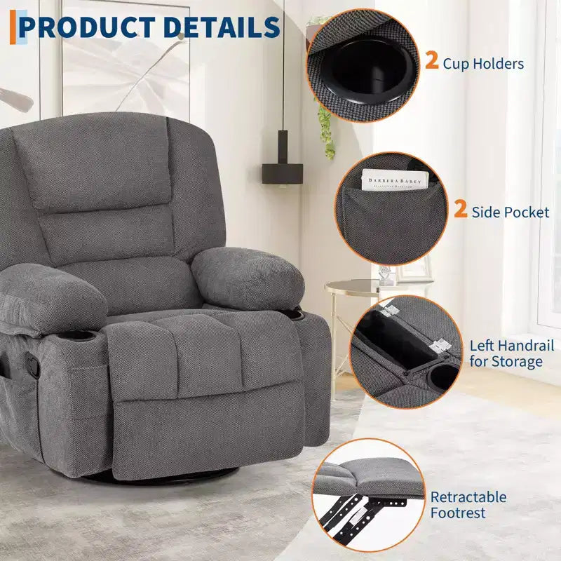 Fauteuils inclinables à bascule, fauteuil inclinable de massage avec vibration et chaleur, fauteuil inclinable à bascule pivotant à 360° avec poches latérales et porte-gobelets