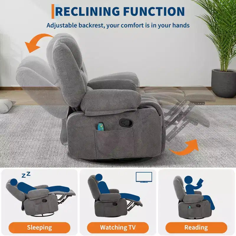 Fauteuils inclinables à bascule, fauteuil inclinable de massage avec vibration et chaleur, fauteuil inclinable à bascule pivotant à 360° avec poches latérales et porte-gobelets