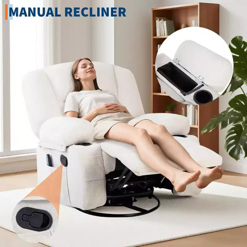 Fauteuils inclinables à bascule, fauteuil inclinable de massage avec vibration et chaleur, fauteuil inclinable à bascule pivotant à 360° avec poches latérales et porte-gobelets