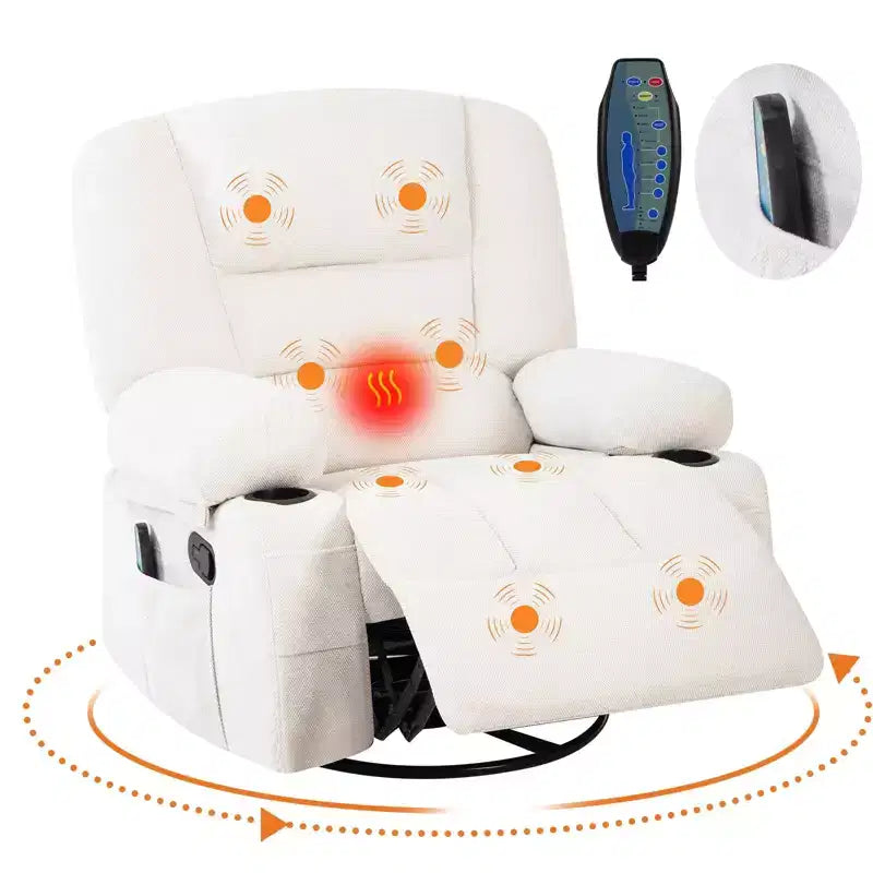 Fauteuils inclinables à bascule, fauteuil inclinable de massage avec vibration et chaleur, fauteuil inclinable à bascule pivotant à 360° avec poches latérales et porte-gobelets