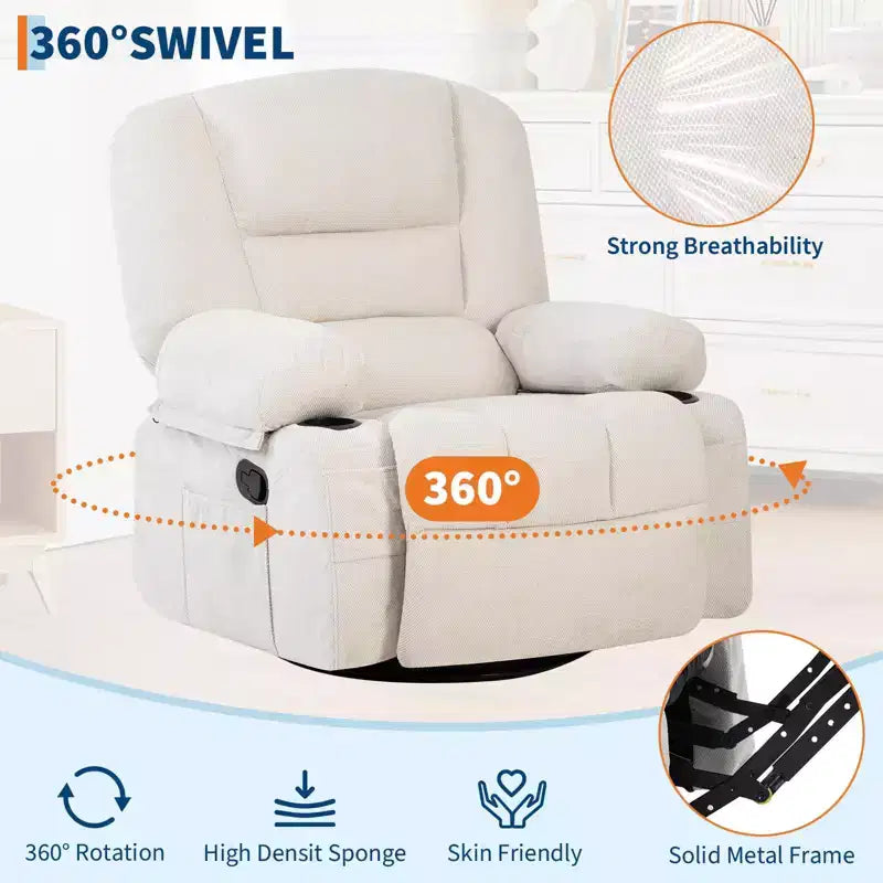 Fauteuils inclinables à bascule, fauteuil inclinable de massage avec vibration et chaleur, fauteuil inclinable à bascule pivotant à 360° avec poches latérales et porte-gobelets
