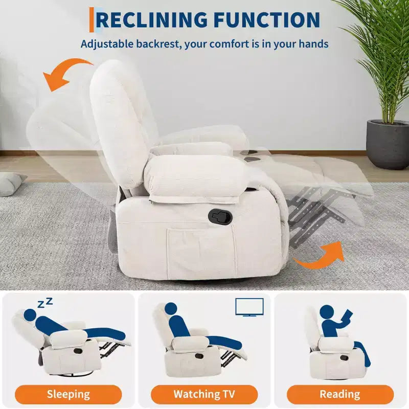 Fauteuils inclinables à bascule, fauteuil inclinable de massage avec vibration et chaleur, fauteuil inclinable à bascule pivotant à 360° avec poches latérales et porte-gobelets