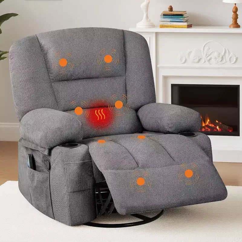 Fauteuils inclinables à bascule, fauteuil inclinable de massage avec vibration et chaleur, fauteuil inclinable à bascule pivotant à 360° avec poches latérales et porte-gobelets