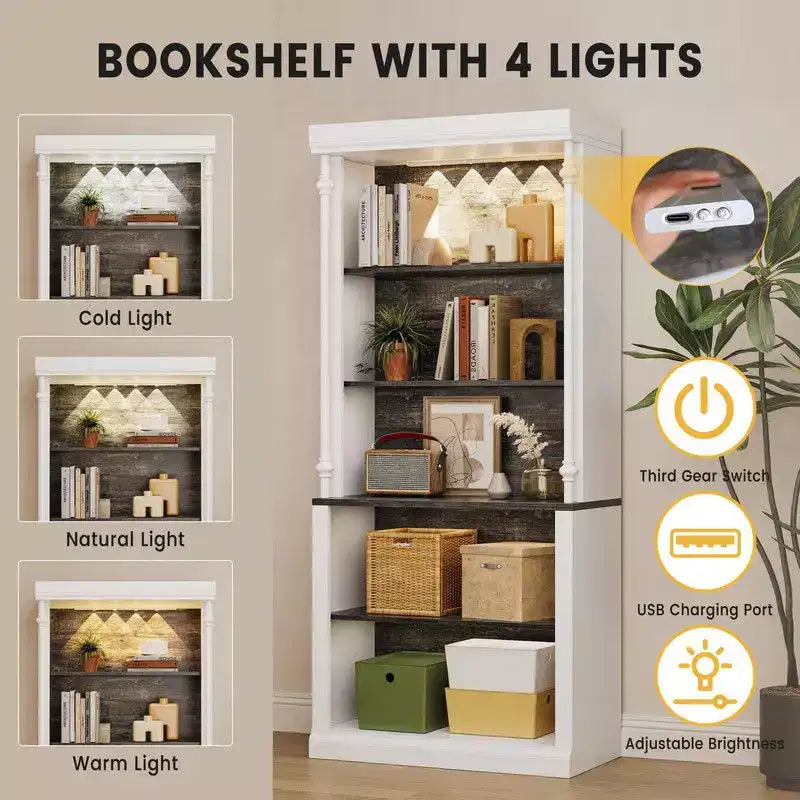 Étagère Coolmee avec étagères réglables, Vitrine à 5 niveaux avec lumières LED, Vitrine autoportante pour objets de collection Chambre Salon