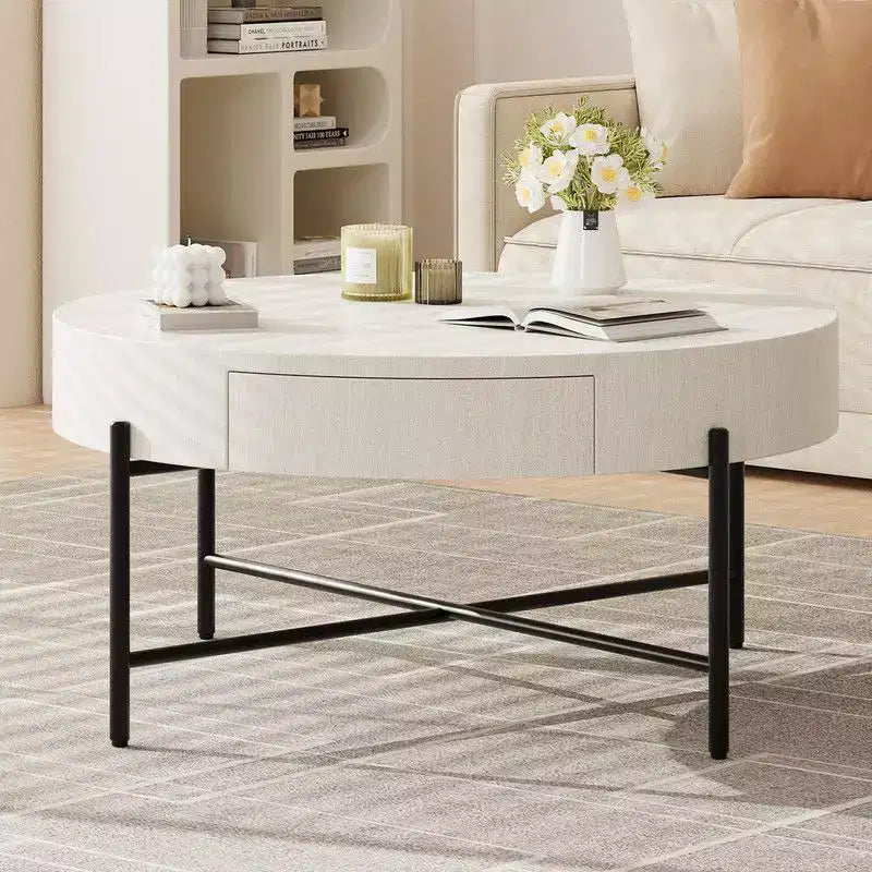 Table basse ronde vintage avec tiroir - Table centrale d'appoint en bois avec rangement pour salon