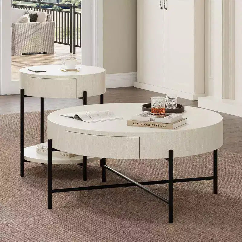 Table basse ronde vintage avec tiroir - Table centrale d'appoint en bois avec rangement pour salon