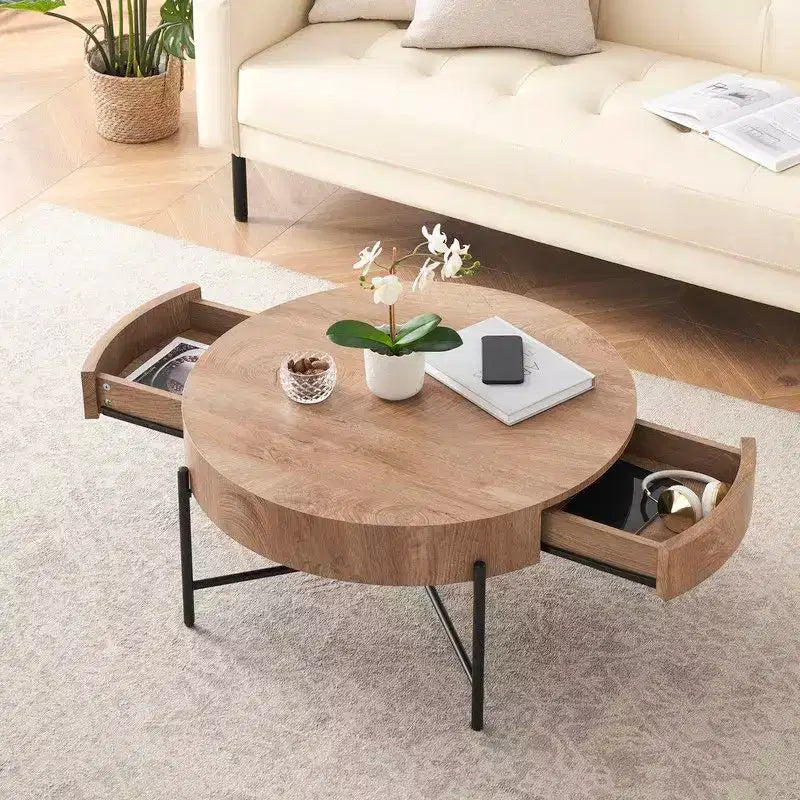 Table basse ronde vintage avec tiroir - Table centrale d'appoint en bois avec rangement pour salon