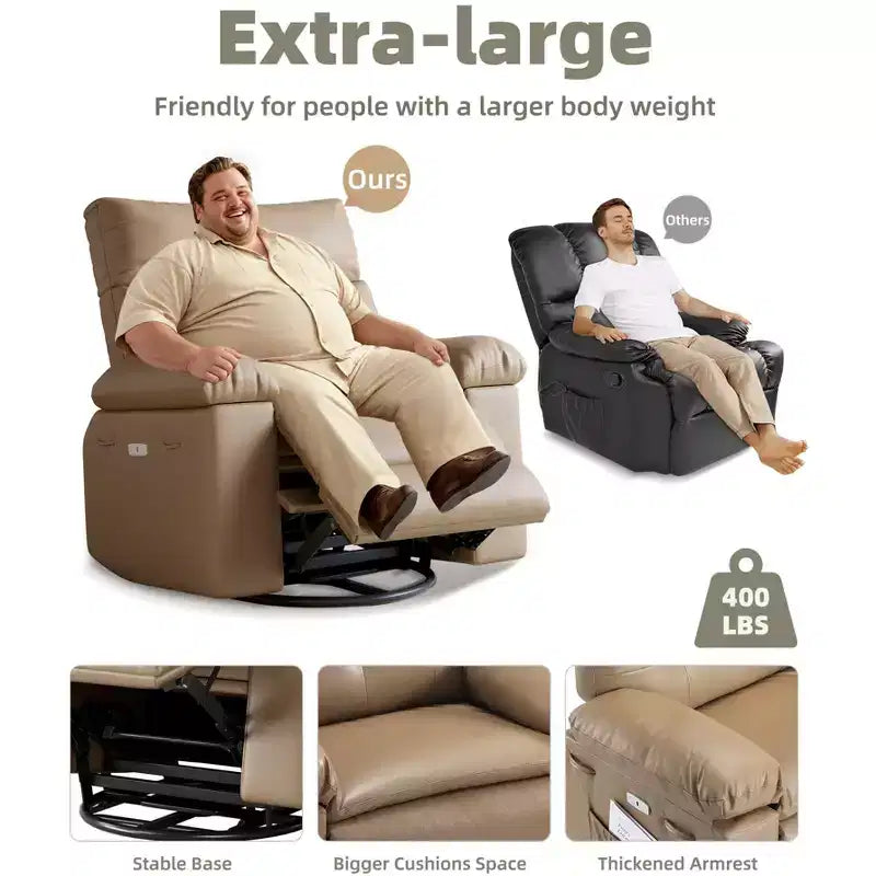 Fauteuil inclinable manuel en cuir PU, fauteuil à bascule pivotant à 306 degrés avec poches latérales, fauteuil inclinable moderne pour une personne, beige