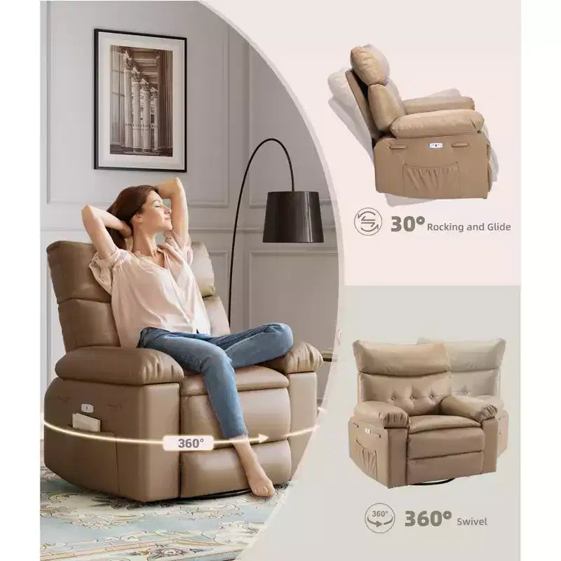 Fauteuil inclinable manuel en cuir PU, fauteuil à bascule pivotant à 306 degrés avec poches latérales, fauteuil inclinable moderne pour une personne, beige