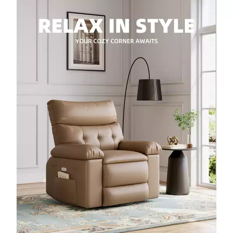 Fauteuil inclinable manuel en cuir PU, fauteuil à bascule pivotant à 306 degrés avec poches latérales, fauteuil inclinable moderne pour une personne, beige