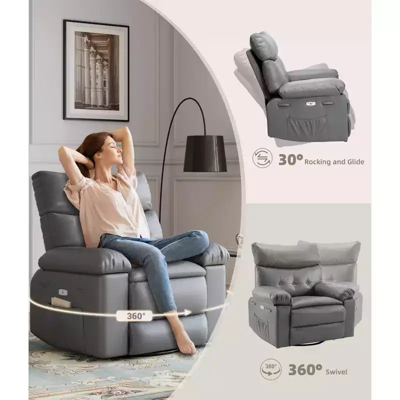 Fauteuil inclinable manuel en cuir PU, fauteuil à bascule pivotant à 306 degrés avec poches latérales, fauteuil inclinable moderne pour une personne, beige